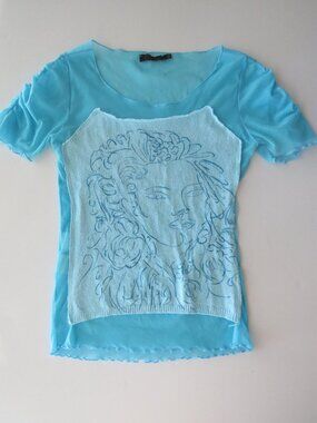 Vintage Italian Designer Mariella Rosati Turquoise Sheer Top, Illustrated Face K
